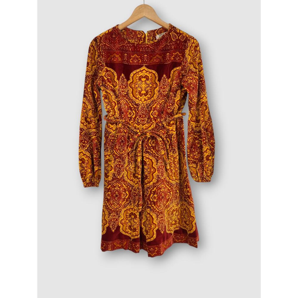 Vintage 60s 70s Medallion Print Mod Gold Burgundy Belted Boho Mini Dress - Picture 2 of 7